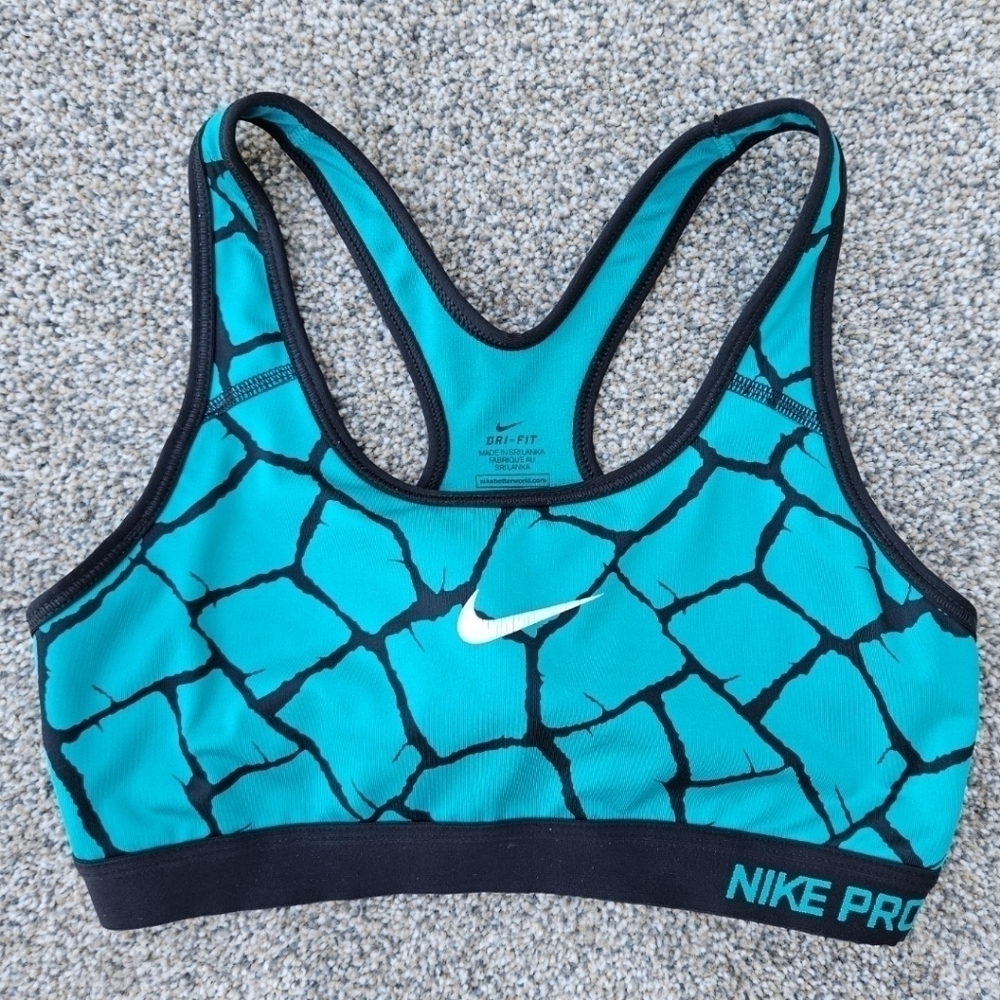 Nike Pro DRI-FIT Black & Emerald Green Snake Crackle Sports Bra Top Size Medium
